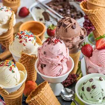 A photo of a variety of ice cream flavors. There are cones, cups, and bowls of ice cream with toppings such as sprinkles, chocolate chips, and fruit.