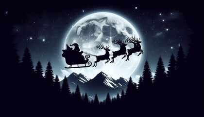 Silhouette of Santa Claus in a sleigh with reindeer against the background of the moon
