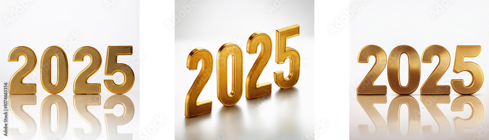 Poster three images of the year 2025 in gold, each arranged differently.