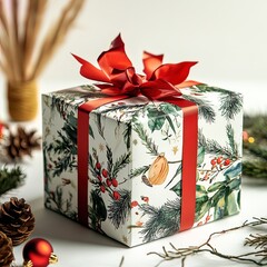 Christmas gift box on white background side view