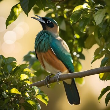 A serene and vibrant photograph of a majestic bird perched on a branch, surrounded by lush green foliage, with sunlight filtering through the leaves, casting dappled shadows on the bird's plumage, sho