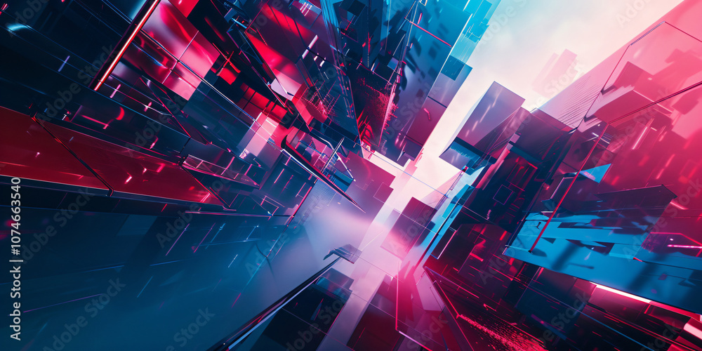 Poster a futuristic 3d rendering of glass-like structures in blue and red tones, creating a dynamic and imm