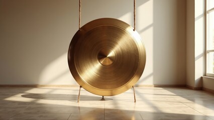 Shiny Meditation Gong in Sparse Room with Light and Shadow Play