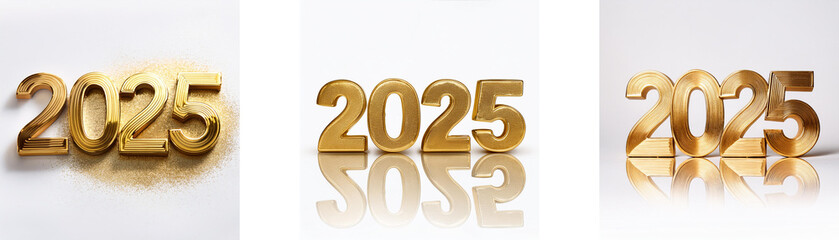 Three images of the year 2025 in gold, with a shiny surface.