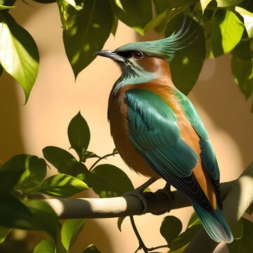 A serene and vibrant photograph of a majestic bird perched on a branch, surrounded by lush green foliage, with sunlight filtering through the leaves, casting dappled shadows on the bird's plumage, sho