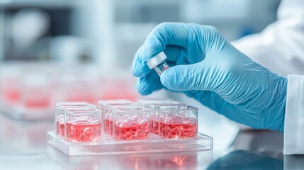 A scientist's hand in a blue glove holds a vial above a petri dish with red liquid, indicative of laboratory research and experimentation.