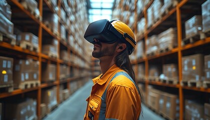 Virtual Reality-Enhanced Warehouse Training, workers using VR headsets to train in a fully immersive, simulated warehouse. Show virtual tools, 