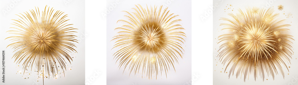 Poster three abstract golden fireworks in different stages of expansion against a white background.
