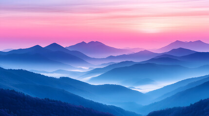 Obraz premium A stunning watercolor-style image of a peaceful mountain landscape at sunrise, with soft pastel tones blending into the sky, and mist gently drifting through the valleys.