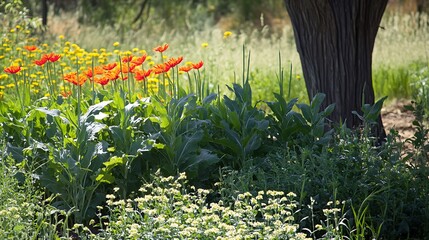 Fototapeta premium A diverse mix of cover crops growing together, each contributing to soil fertility and structure