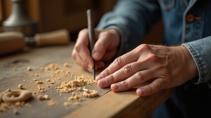 Craftsman's Hands Carving Wood with Precision at Workbench
