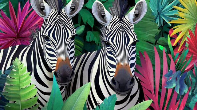 Two zebras peek through a lush jungle, their stripes blending with the vibrant foliage