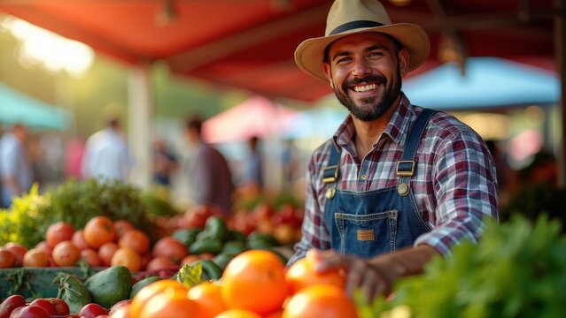 Proud Farmer Showcasing Fresh Produce at Bustling Market