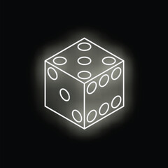 White neon dice is glowing on black background with isometric perspective