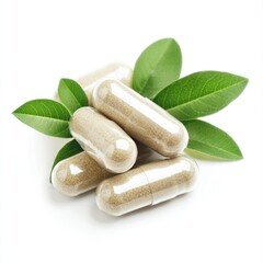 Clear capsules with green leaves, natural supplement