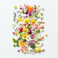 Obraz premium Colorful arrangement of flowers and various pills.