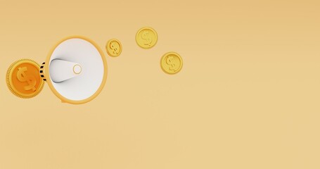 3D Illustration of Dollar Coins with Speaker on Yellow Background for Marketing Concepts