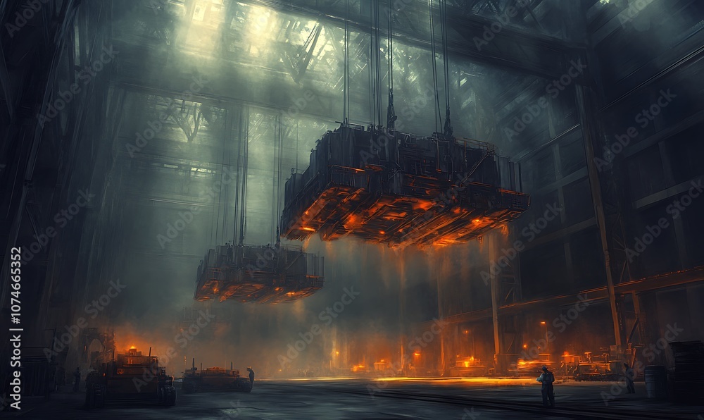 Poster A dark, futuristic industrial scene with illuminated suspended structures, creating a mysterious atmosphere filled with shadows and glowing edges.