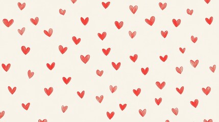 Whimsical hand-drawn red hearts pattern on cream background for romantic designs