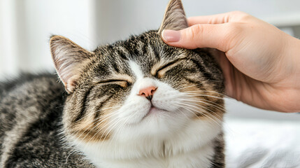 A joyful cat enjoying gentle petting from a loving owner in a cozy atmosphere.