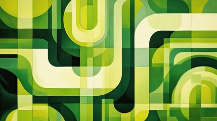 Abstract green geometric shapes art with overlapping curves and lines