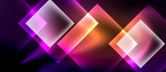 Fototapeta premium Glass squares with neon shiny light abstract background