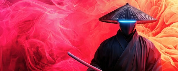 Futuristic Samurai Warrior with Sword and Smoke Background