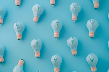 panoramic shot of paper light bulbs on blue background, business concept