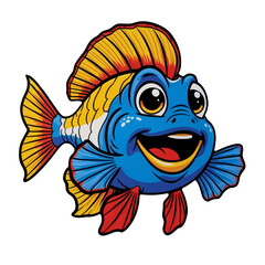 Cartoon Ram Cichlid with expressive eyes, vibrant blues and yellows, playful smile, bold outlines, fun sticker design, generative ai