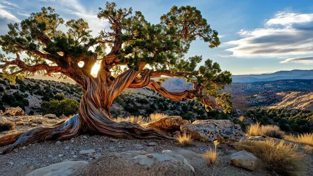 A gnarled juniper tree stands tall on a rocky ridge, overlooking a vast desert landscape