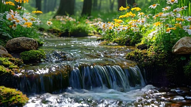 A small waterfall flows over moss covered rocks in a forest.