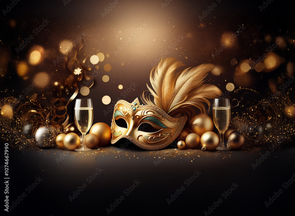 Poster a golden masquerade mask with feathers rests on a table adorned with champagne flutes, ornaments, an