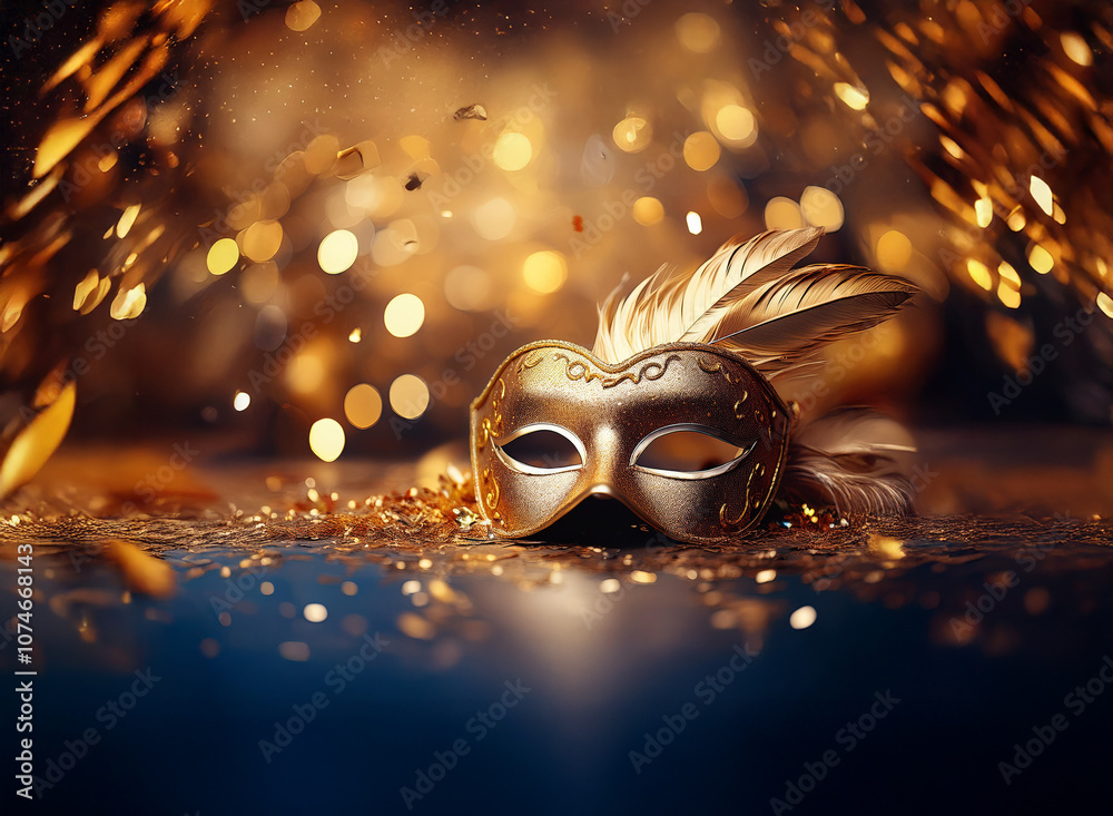 Aufkleber a gold masquerade mask with a single feather sits on a dark blue surface with gold glitter and bokeh