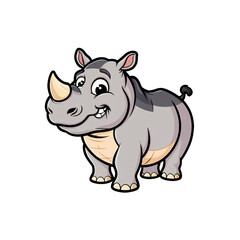 Fototapeta premium Cartoon style rhinoceros sticker with big eyes, happy expression, and playful pose on white background, generative ai