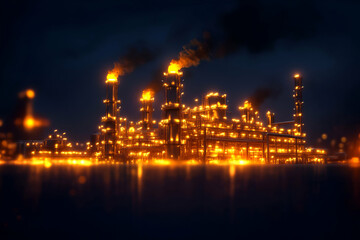 An illuminated industrial complex at night, showcasing machinery and smokestacks.