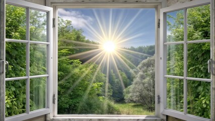 Bright sunny day viewed through open window with lush green landscape and sun rays