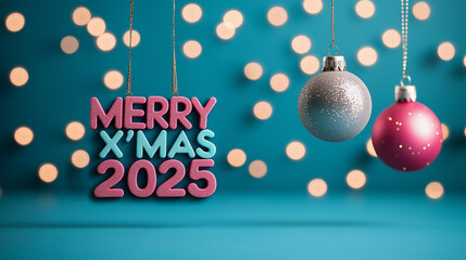 MERRY XMAS 2025 with colorful ornaments and festive lights creates joyful holiday atmosphere. Celebrate season with vibrant decorations and cheerful vibes