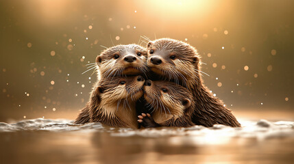 captivating image of family of otters playfully interacting in water, showcasing their affectionate bond and joyful expressions in serene environment