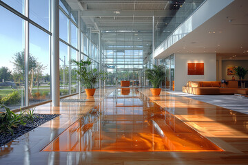 Innovative office space with biophilic design, floating transparent screens, soft natural light,