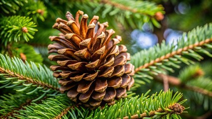 Fototapeta premium Detailed close-up of a pine cone on green pine branches in a natural setting