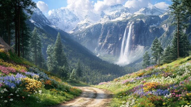 Dirt road on mountain landscape waterfall outdoors.