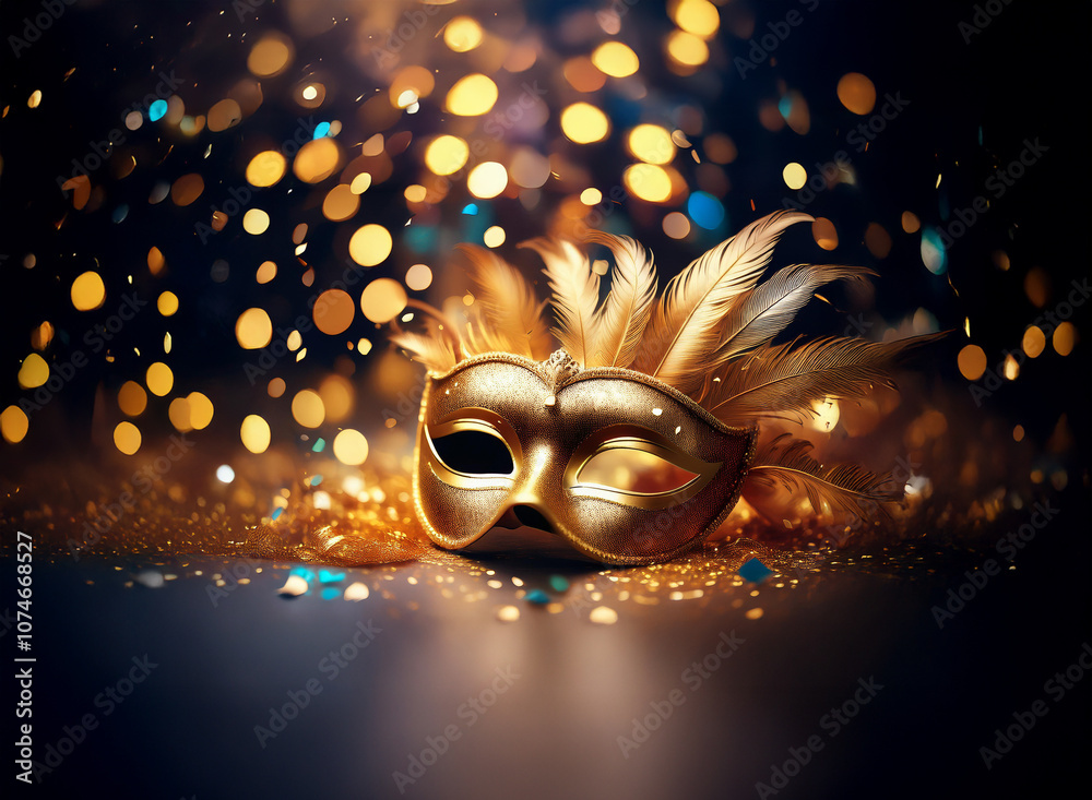 Poster a golden masquerade mask with feathers rests on a surface dusted with gold glitter and confetti agai
