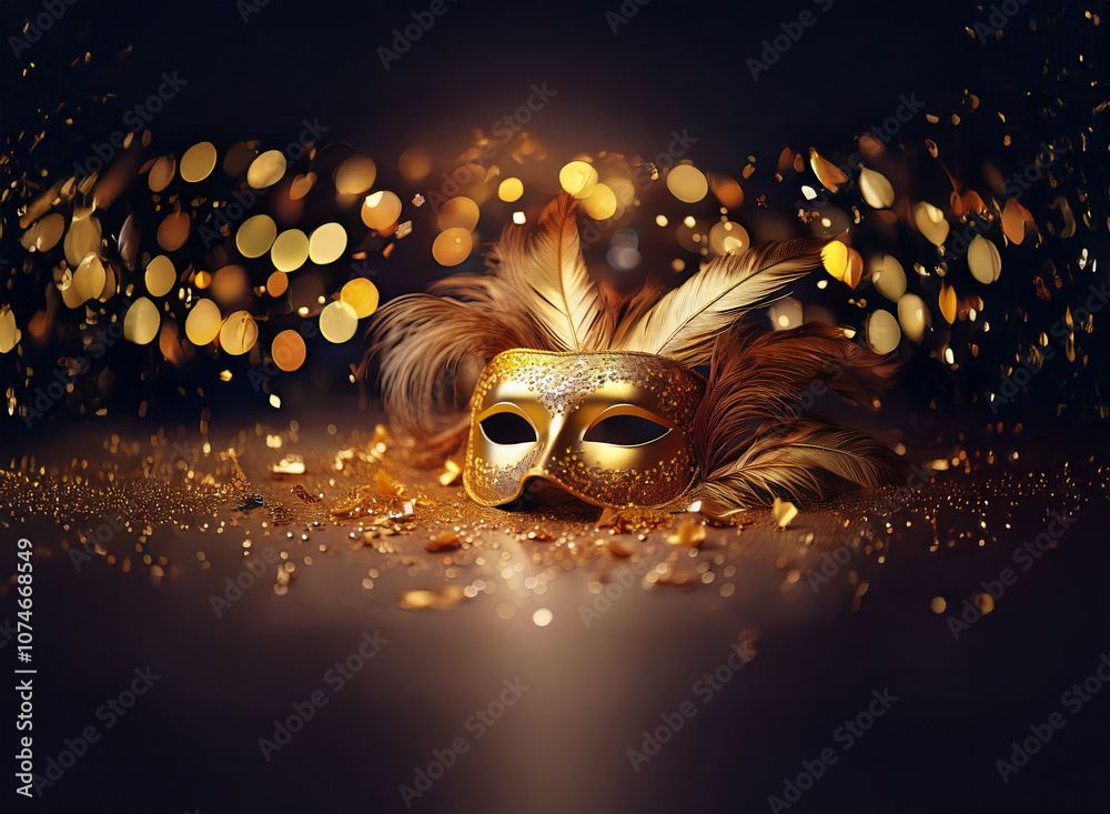 Poster A golden masquerade mask with feathers lies on a sparkling surface with bokeh lights in the background.
