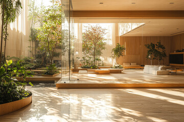 Innovative office space with biophilic design, floating transparent screens, soft natural light,