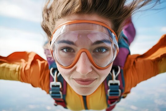 Happy young female skydiver flying in the sky closeup portrait, looking into camera.