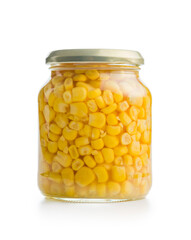 Canned sweet corn in jar isolated on white background.