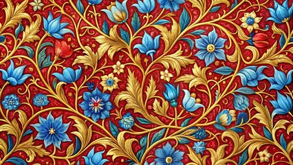 A meticulously crafted floral pattern, showcasing blue and red blossoms interwoven with ornate golden tendrils, creating a rich and intricate tapestry of nature's beauty.