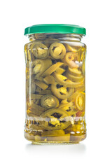 Pickled sliced jalapeno peppers isolated on white background.
