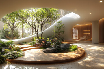 Innovative office space with biophilic design, floating transparent screens, soft natural light,