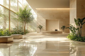 Innovative office space with biophilic design, floating transparent screens, soft natural light,